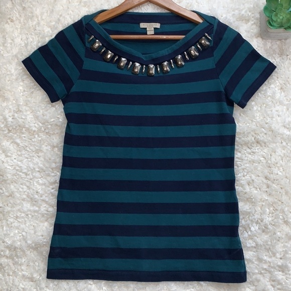 BURBERRY Brit AWNING STRIPED BATEAU NECKLINE teal & navy T-SHIRT studded top - Picture 1 of 8